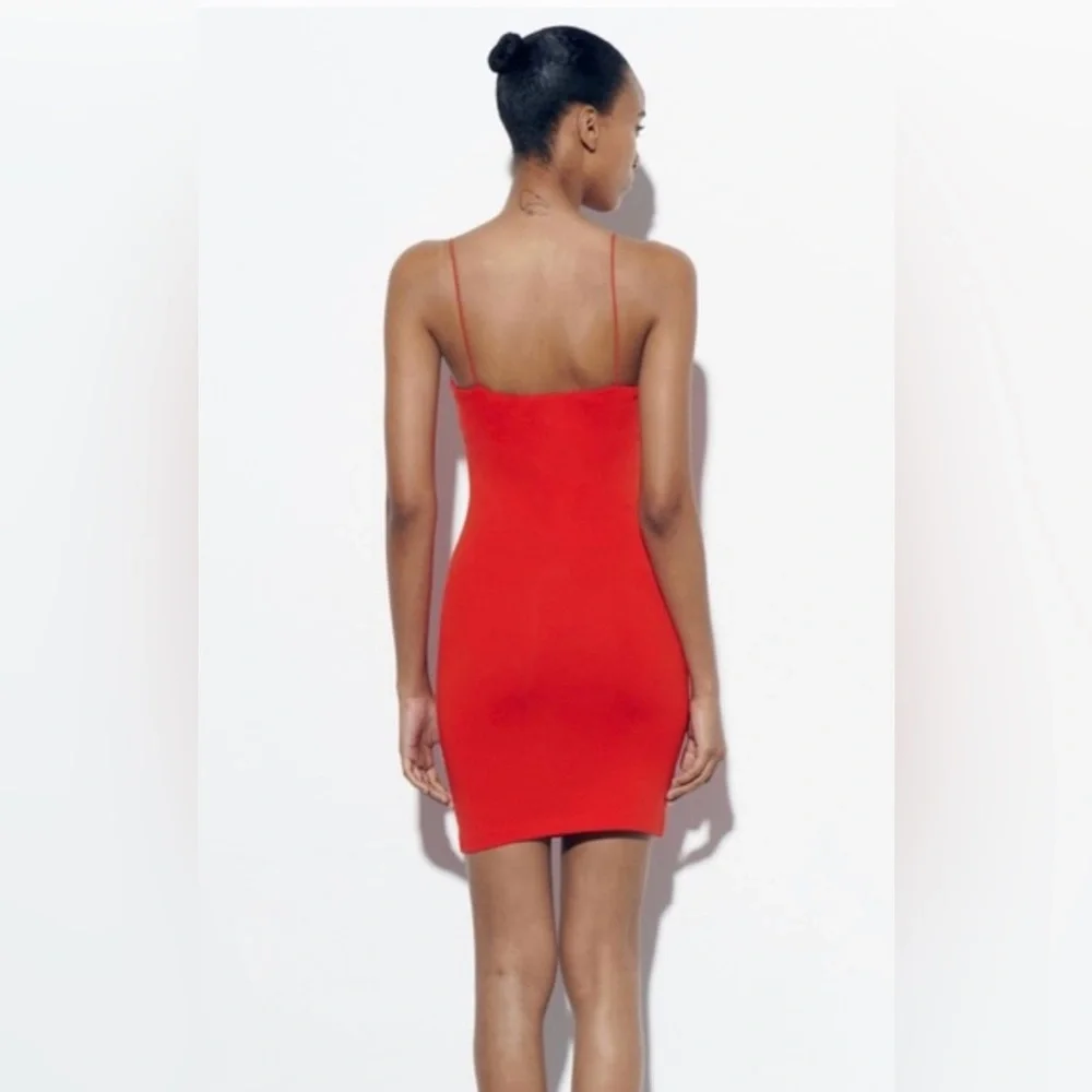 SOLD Zara Red Orange Mini Bodycon Silhouette Cocktail Dress Sz S NEW - Picture 2 of 7
